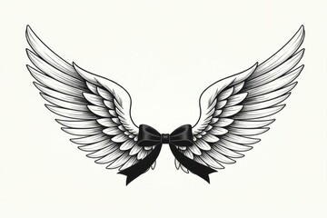 Obraz premium Funeral Condolence Illustration Mock Up with Black Ribbon and Angel Wings Mouring Symbols, Copy Space for text