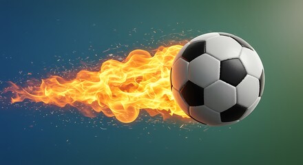 Naklejka premium Soccer ball with flames coming out of it on green blue background