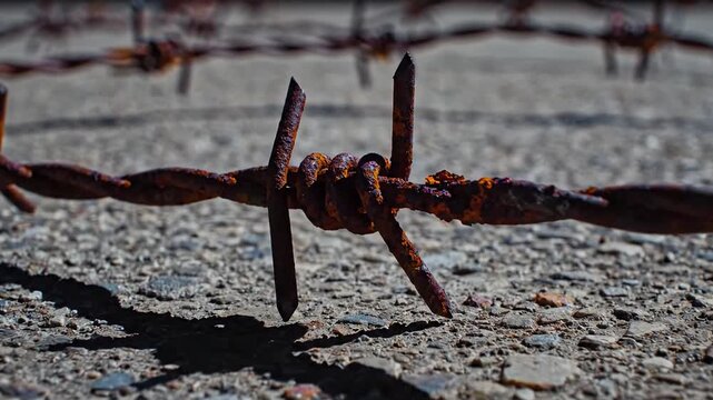 Rusty barbed wire tangled on rough surface with shadows  