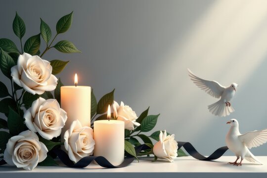 Funeral Condolence Illustration Mock Up with Black Ribbon and Mouring Symbols, Copy Space for text