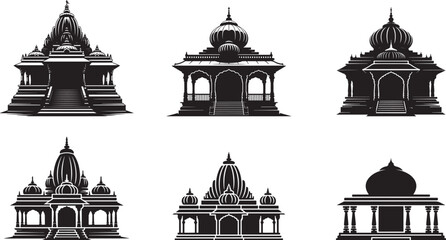 Six Black and White Hindu Temple Silhouettes architectural dome