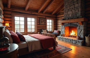 Log cabin bedroom with active stone fireplace and wood log walls. Two large windows show outdoor scenery. Cozy bed with red blanket and pillows. Rustic interior design.