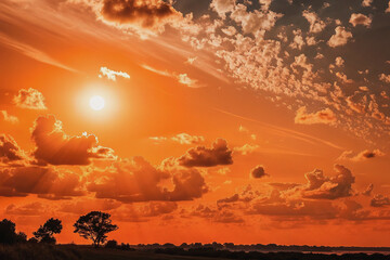 Orange sky with sun and clouds during hot summer weather