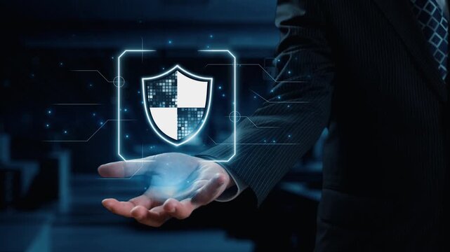 A businessman presents a glowing shield icon, representing cybersecurity, surrounded by lock symbols and digital connections, emphasizing data protection and safety in business. Qubit