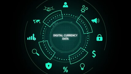 Futuristic digital currency data interface with icons and graphs. - Powered by Adobe