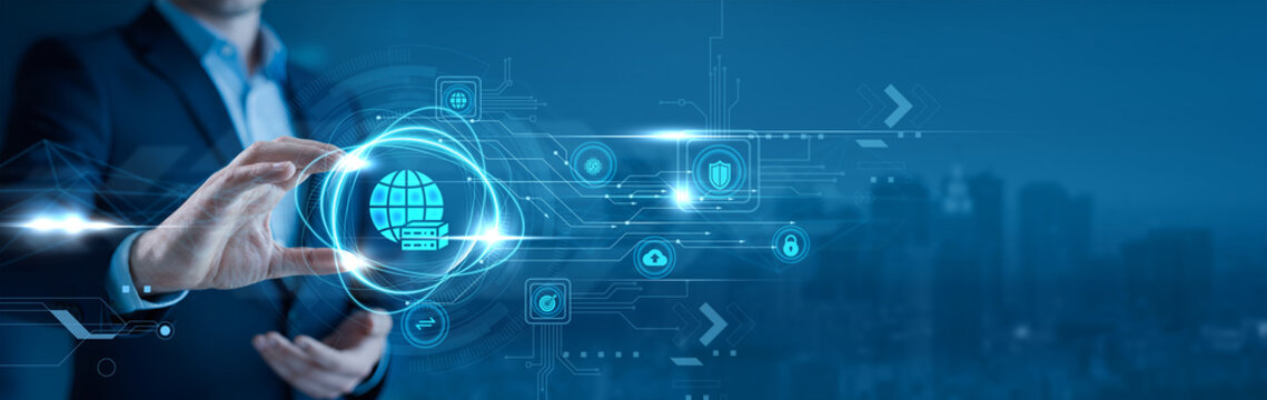 Businessman holding a web hosting server in his hand cloud storage, website deployment, data center infrastructure, online service management - Powered by Adobe