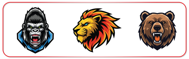 Fierce animal logos featuring gorilla, lion, and bear
