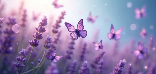 Purple butterflies fly over blooming lavender field. Gentle insects flutter among purple flowers, creating magical ambiance. Soft light bathes nature scene.