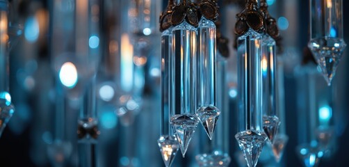 Crystal chandelier prisms hang in dim light. Faceted glass reflects warm and cool glowing bokeh. Luxurious decor creates elegant ambiance for special occasions.