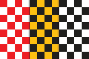 Racing Checkered Flag Pattern Set in Red White Yellow Black Colors, Vector Illustration.