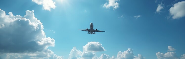 Passenger airplane flies high in clear blue sky with white fluffy clouds. Commercial jetliner travels above atmosphere. Journey aviation travel concept.