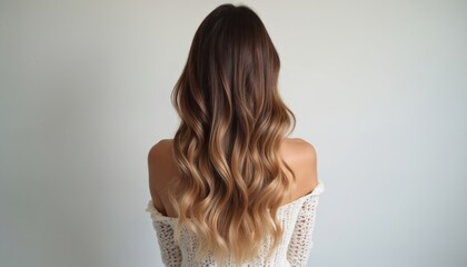 Woman shows off wavy ombre balayage hairstyle. Dark brown roots blend into honey blonde ends. Trendy hair dye color looks natural, healthy, and shiny.