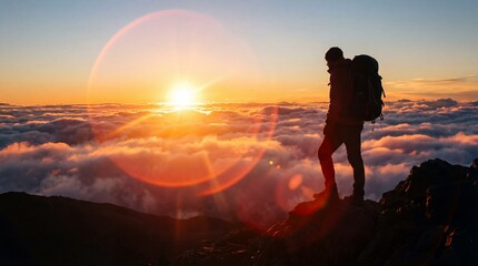 A dramatic silhouette of a solo hiker with a backpack stands on a rugged mountain peak, looking out over a vast sea of clouds. The vibrant sunrise bursts on the horizon, casting a prominent lens flare