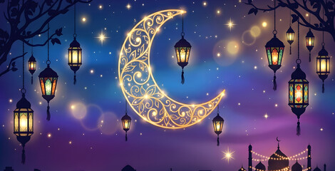 Ramadan Kareem Horizontal Banner with Gold Moon and Hanging Lanterns