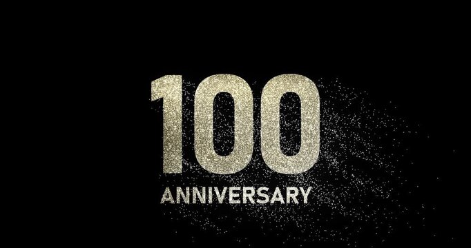 100 years anniversary, glitter numbers, gold shimmer particles falling from number 100, jubilee or birthday celebration, footage