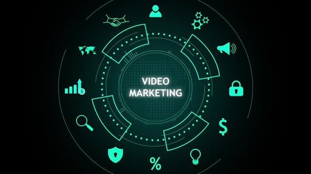 Futuristic digital interface with video marketing concept icons.
