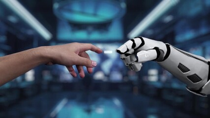 A captivating video showcasing the interaction between a human hand and a robotic hand, emphasizing technology and digital communication with a search interface and icons. Auvana - Powered by Adobe
