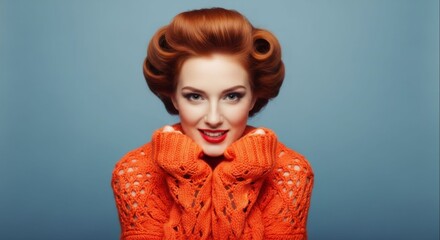 Pin-Up Glamour Portrait of a Woman with Vintage Hairstyle and Bright Orange Sweater