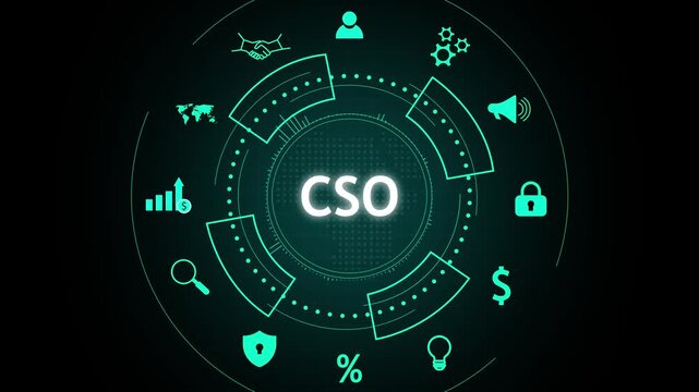 Futuristic digital interface with CSO in the center, surrounded by icons representing business concepts like security, finance, communication, and strategy.