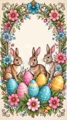 Easter Bunny Rabbits with Eggs Floral Frame.
