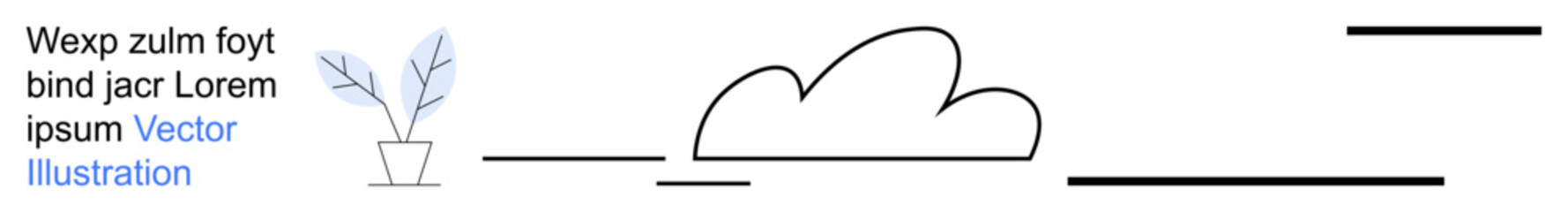 Digital marketing, minimalism, nature, design resources, branding, creativity. Cloud shape, linear elements and plant in pot. Digital marketing and minimalism concept