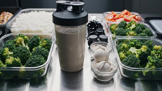 Preparing Healthy Meals With Broccoli, Tomatoes, Rice, and Protein Shake