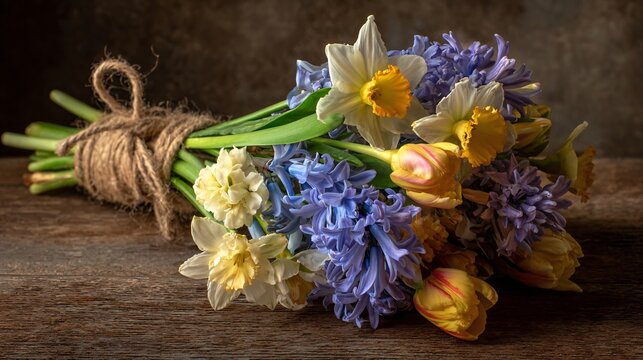 fresh bouquet of yellow daffodils, purple hyacinths, and tulips tied with twine, floral arrangement close-up