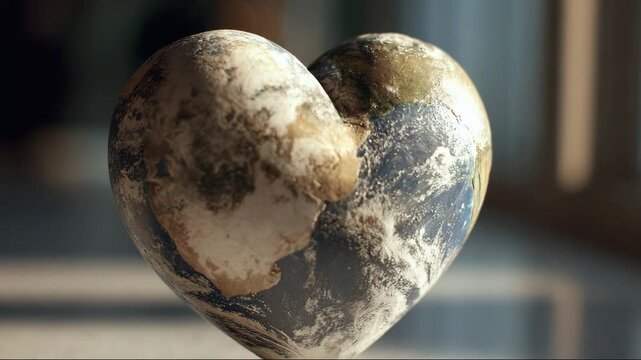 Heart-shaped globe representing Earth with natural textures and colors  