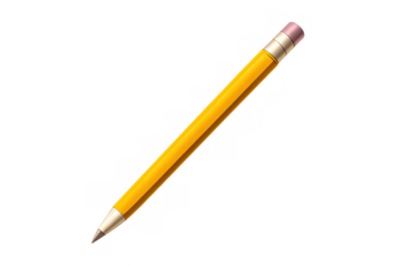 Yellow graphite pencil with pink eraser tip for writing, drawing, illustrating, and sketching on transparent background