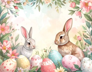 Two Rabbits with Easter Eggs and Flowers.
