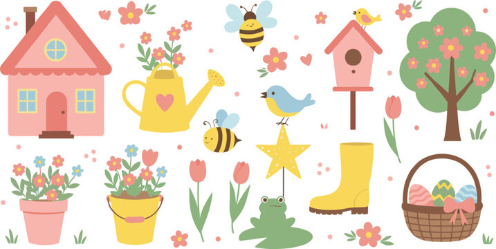 Cute Spring Gardening Vector Illustration Set Featuring Pink House, Watering Can, Birdhouse, Bees, Flowers, and Easter Basket for Seasonal Nursery and Garden Decor