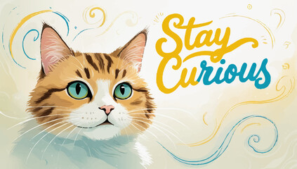 Cat with inspiring stay curious quote