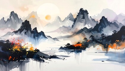 Watercolor Painting of Mountains and Lake.