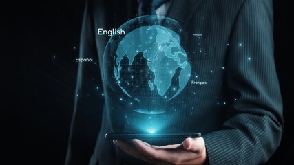 A business professional stands confidently holding a smartphone, showcasing a globe with multiple languages, emphasizing the importance of global communication and multicultural engagement. Qubit