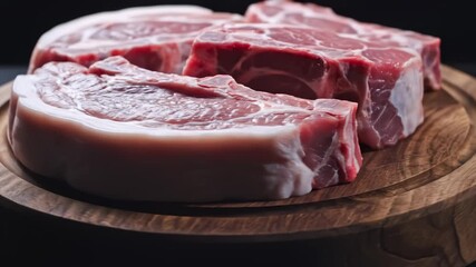 Preparing Raw Pork Loin Chops on Wooden Board