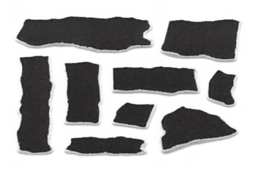 Torn black paper pieces with rough charcoal texture and jagged edges, creating abstract frames for layering text or graphics