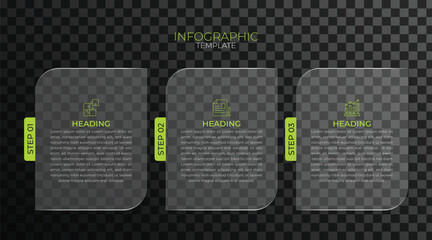 Modern three-step infographic template with transparent glass panels and green highlights on alpha background for business workflow, process presentation and UI design.
