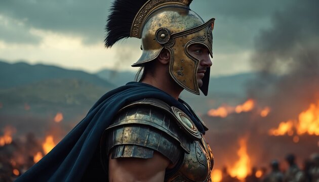 Man in spartan helmet and armor on burning battlefield. Warrior stands strong amid war chaos. Ancient Greece historical drama, epic combat scene.