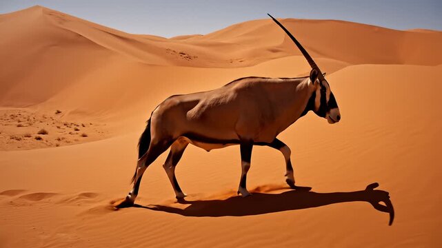 Oryx Walking Across Sand Dunes in Namib Desert