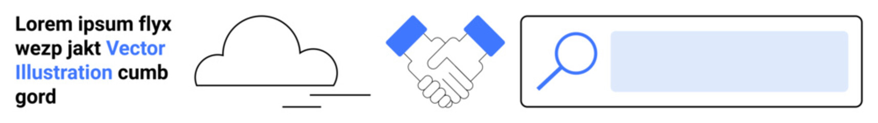 Obraz premium Cloud computing, communication tools, teamwork, partnerships, digital search, collaboration. Minimalist icons with a cloud, handshake and search interface. Cloud computing and communication tools