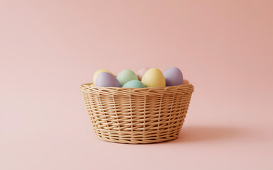 Happy easter sunday basket with colorful eggs on pastel background