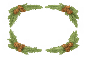 Spruce pine needles and cone border creating a frame, an evergreen seasonal decoration with transparent background