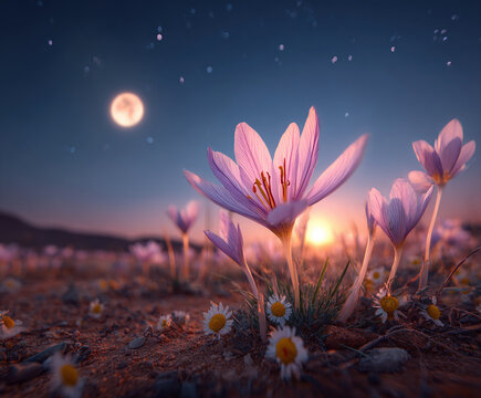 Macro view of night with saffron, chamomile flowers and lemon balm, chamomile herbs, blurred meadow background