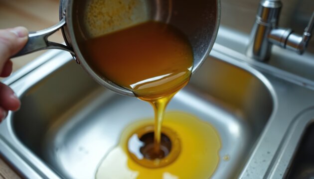 Person pours hot cooking oil from pan into kitchen sink drain. Liquid fat goes down pipe creating potential blockage. Disposal of grease hazard.