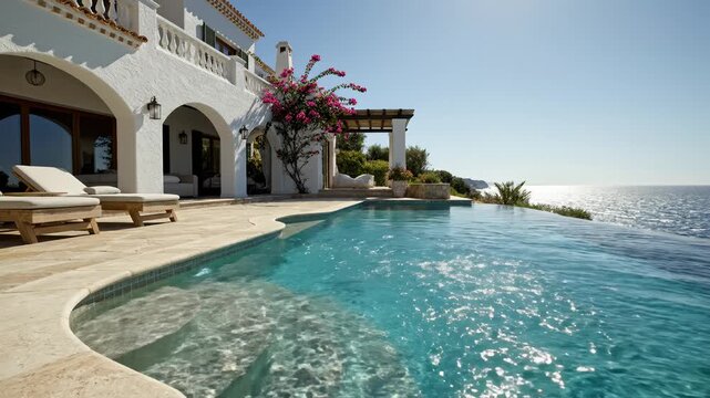 Luxury Villa With Infinity Pool Overlooking Ocean, Sunny Day