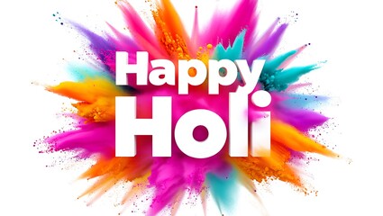 Happy Holi background featuring white 3D typography over a vibrant multi colored powder paint explosion