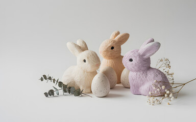 Happy easter sunday with adorable pastel colored bunnies and florals