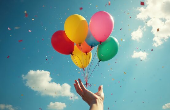 Hand lets go of bright balloons rising towards blue sky with clouds and falling confetti. Feeling of joy hope and freedom. Celebrate good times carefree.