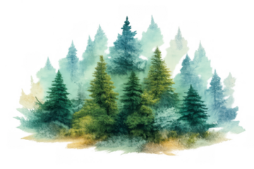 Watercolor pine forest illustration creating a serene, misty woodland scene with evergreen trees, transparent background