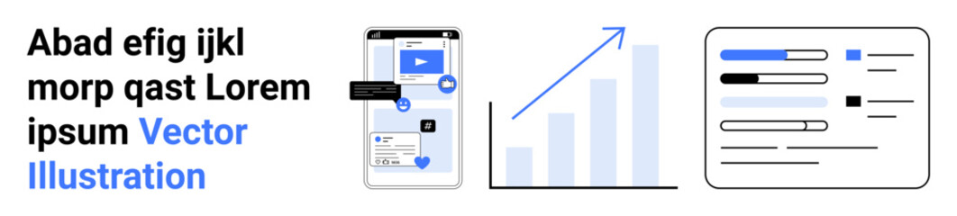 Business growth, analytics tools, data visualization, digital marketing, performance tracking, mobile technology. A mobile dashboard, growth chart and report interface. Business growth and analytics